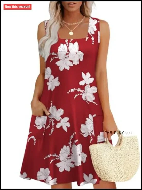 Square Neck Sleeveless Swing Sundress with Pockets, Loose Fit - Picture 2 of 7